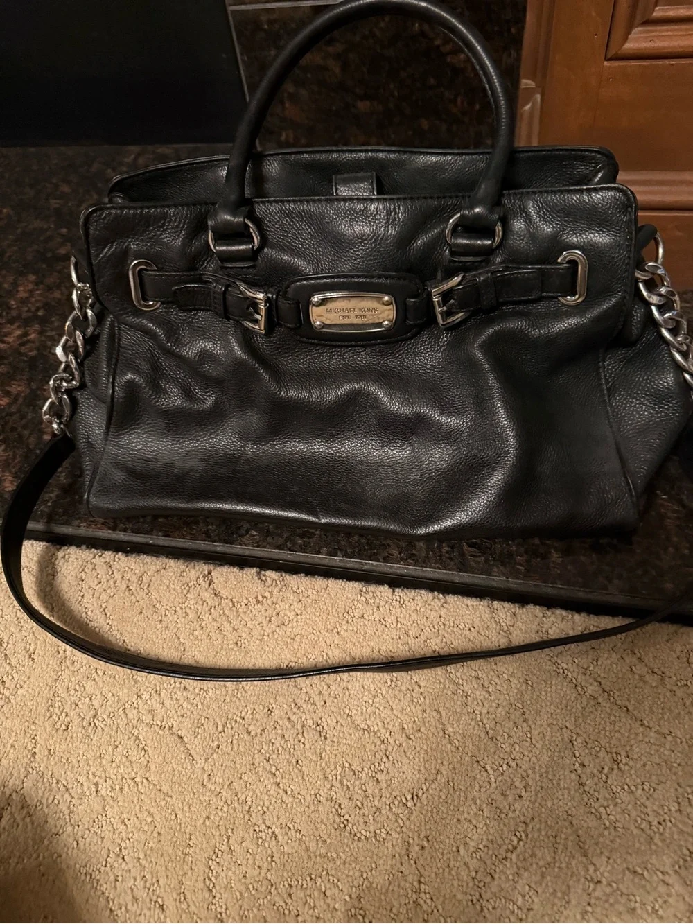 Michael Kors Black Leather Satchel with Chain-Accented Strap